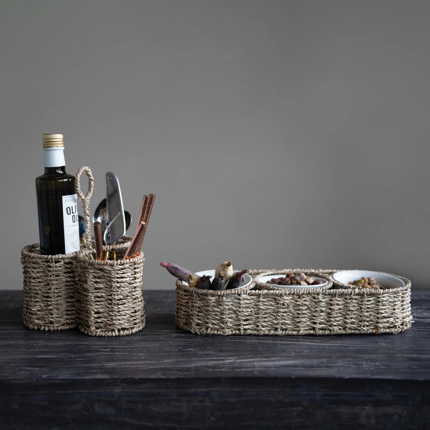 Woven basket with ceramic bowls