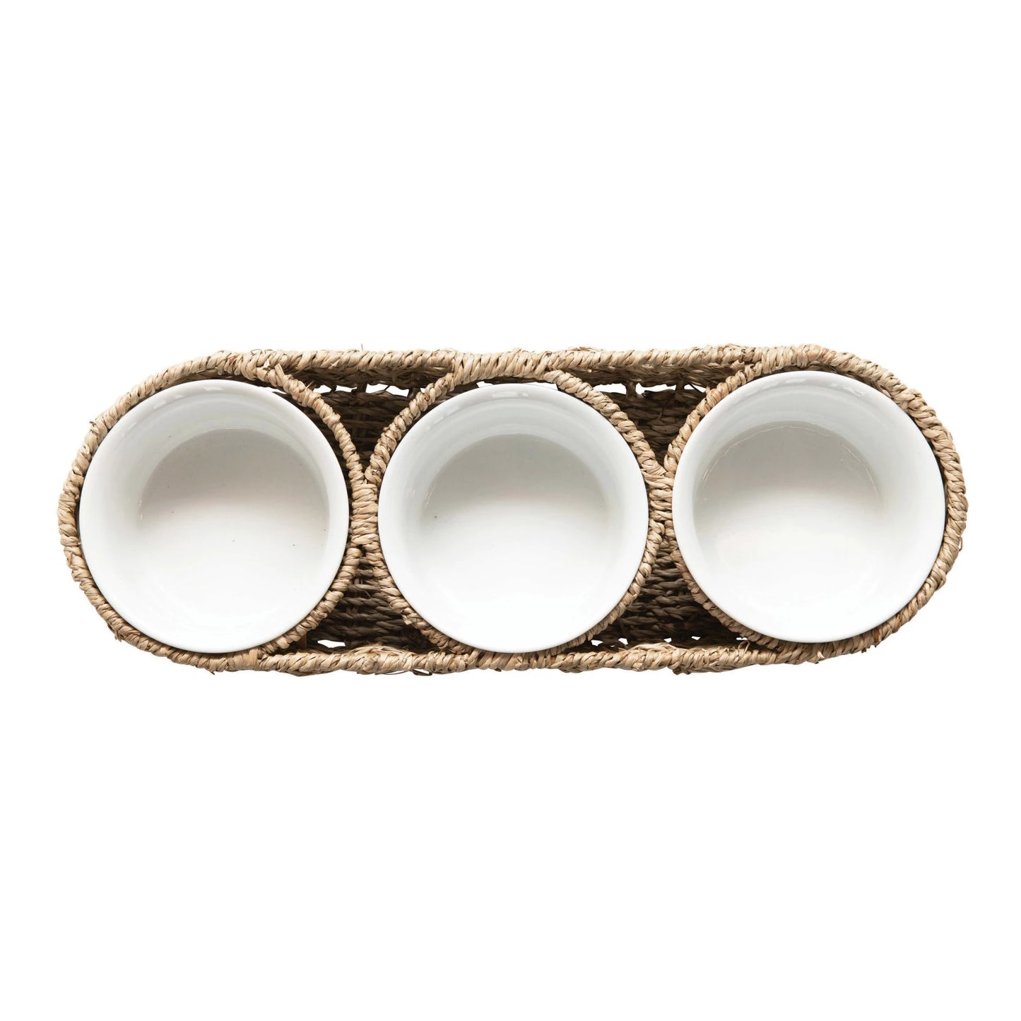 Woven basket with ceramic bowls