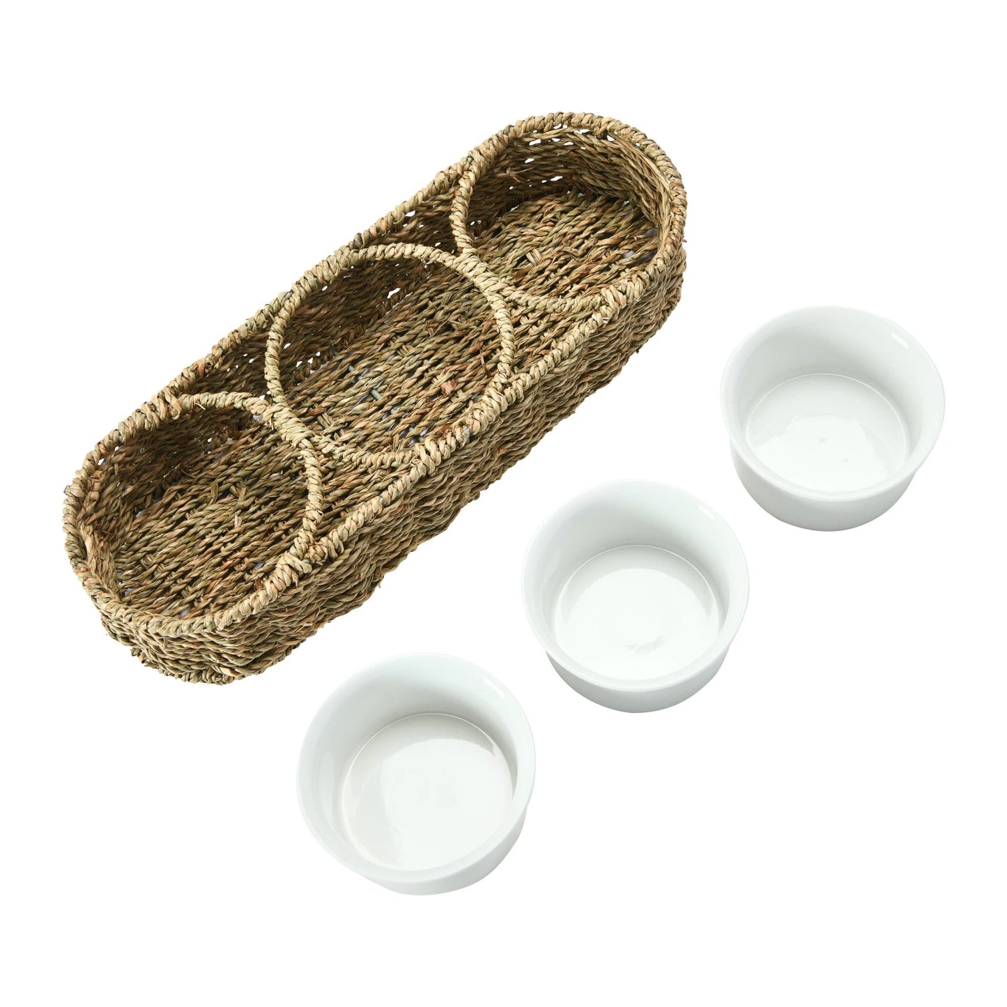 Woven basket with ceramic bowls