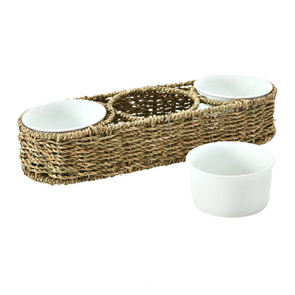 Woven basket with ceramic bowls